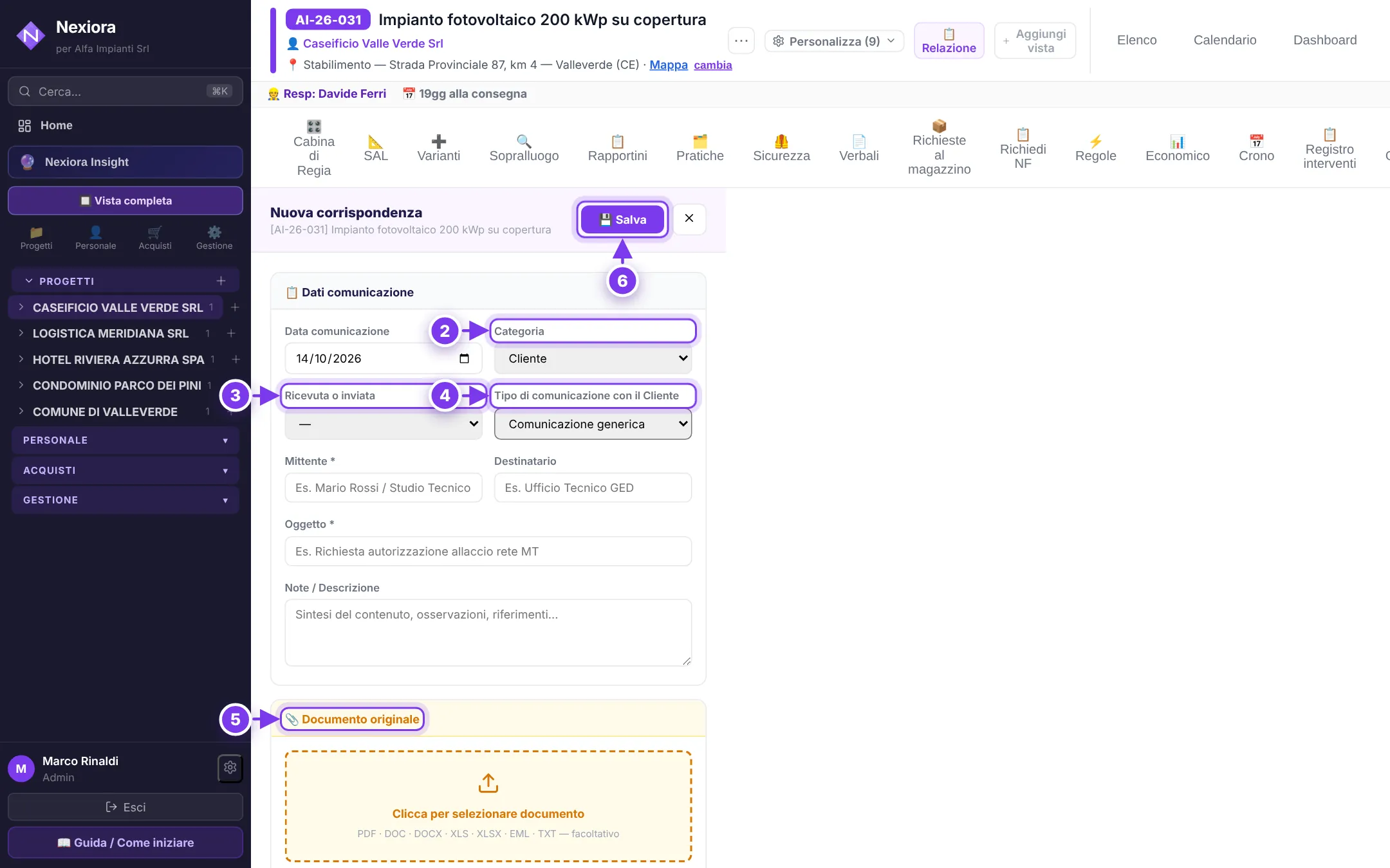 La nuova comunicazione: (2) categoria, (3) ricevuta o inviata, (4) tipo, (5) allegato, (6) salvataggio.