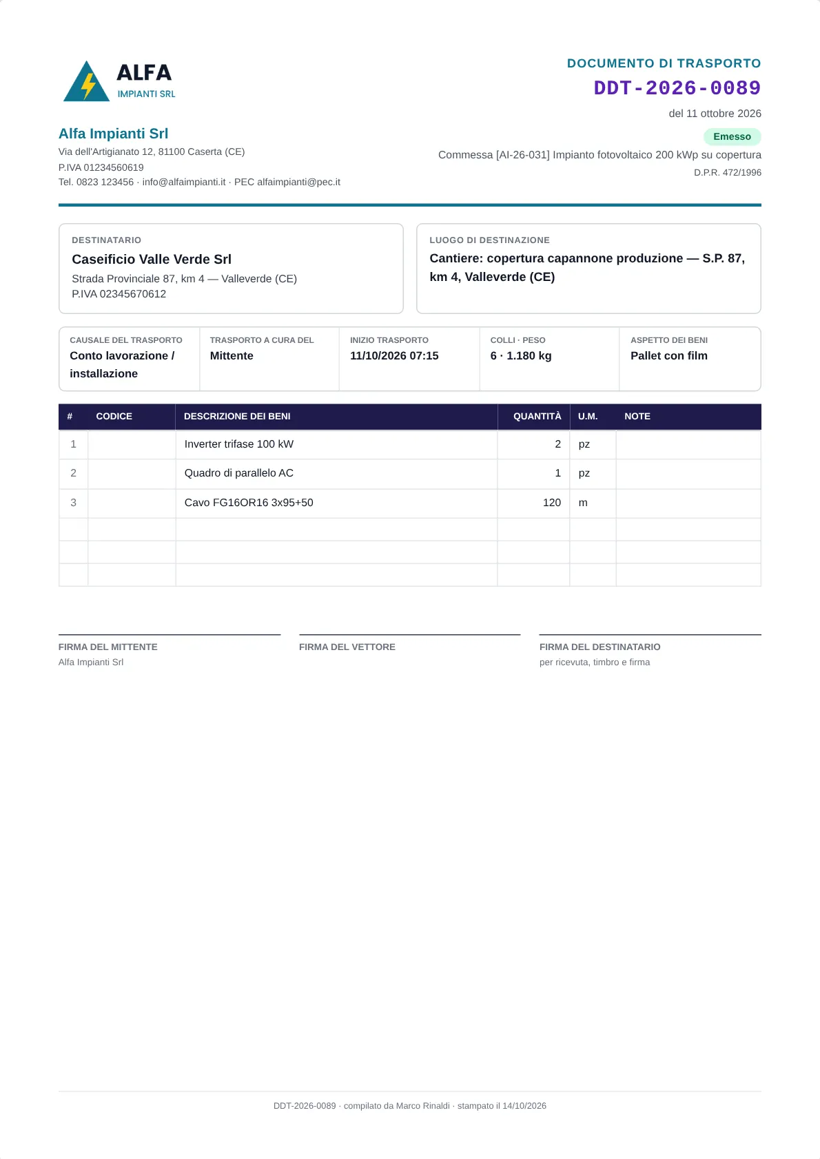 Il PDF del DDT su carta intestata.