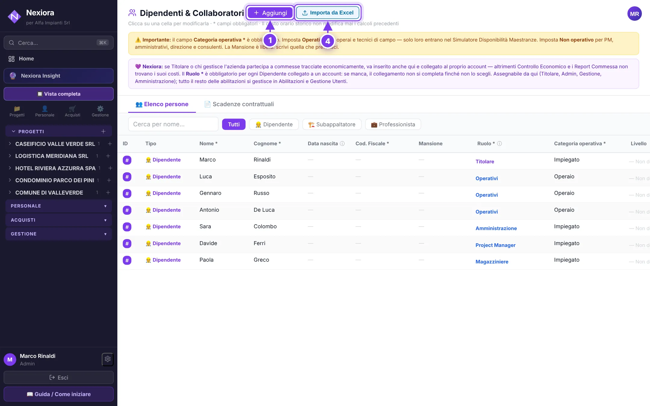 Dipendenti e collaboratori: (1) aggiungi, (4) importa da Excel.