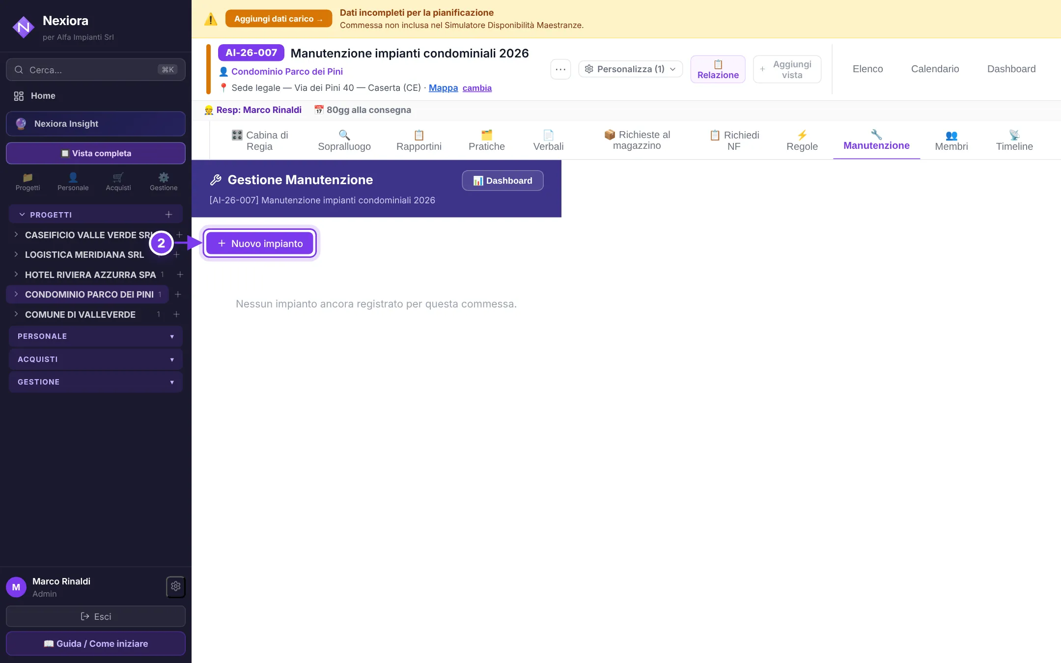 La scheda Manutenzione della commessa: (2) nuovo impianto.