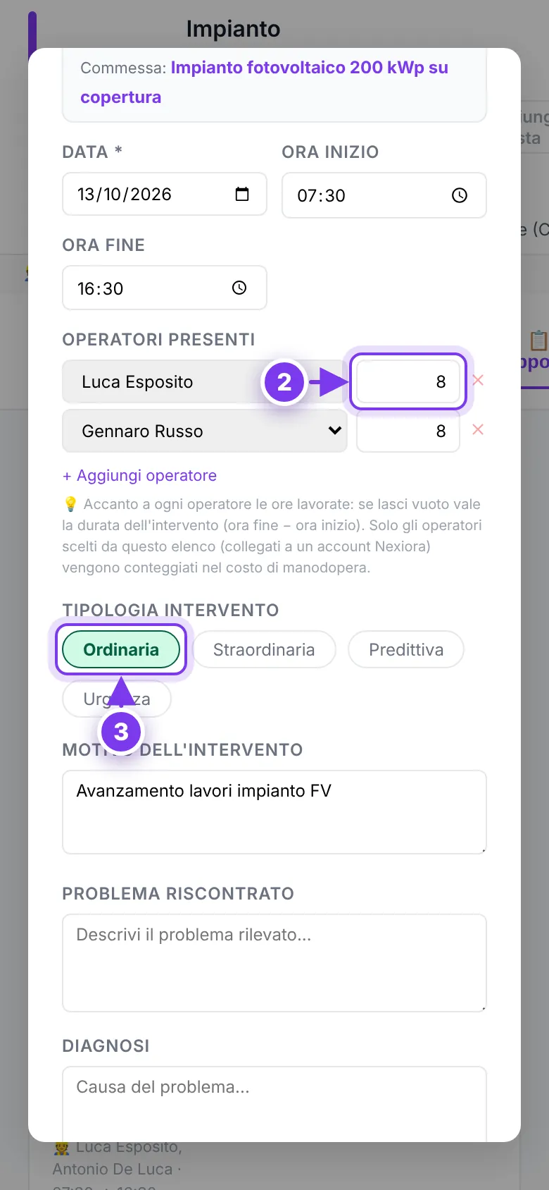 Dal telefono: (2) le ore di ogni operatore, (3) la tipologia dell'intervento.
