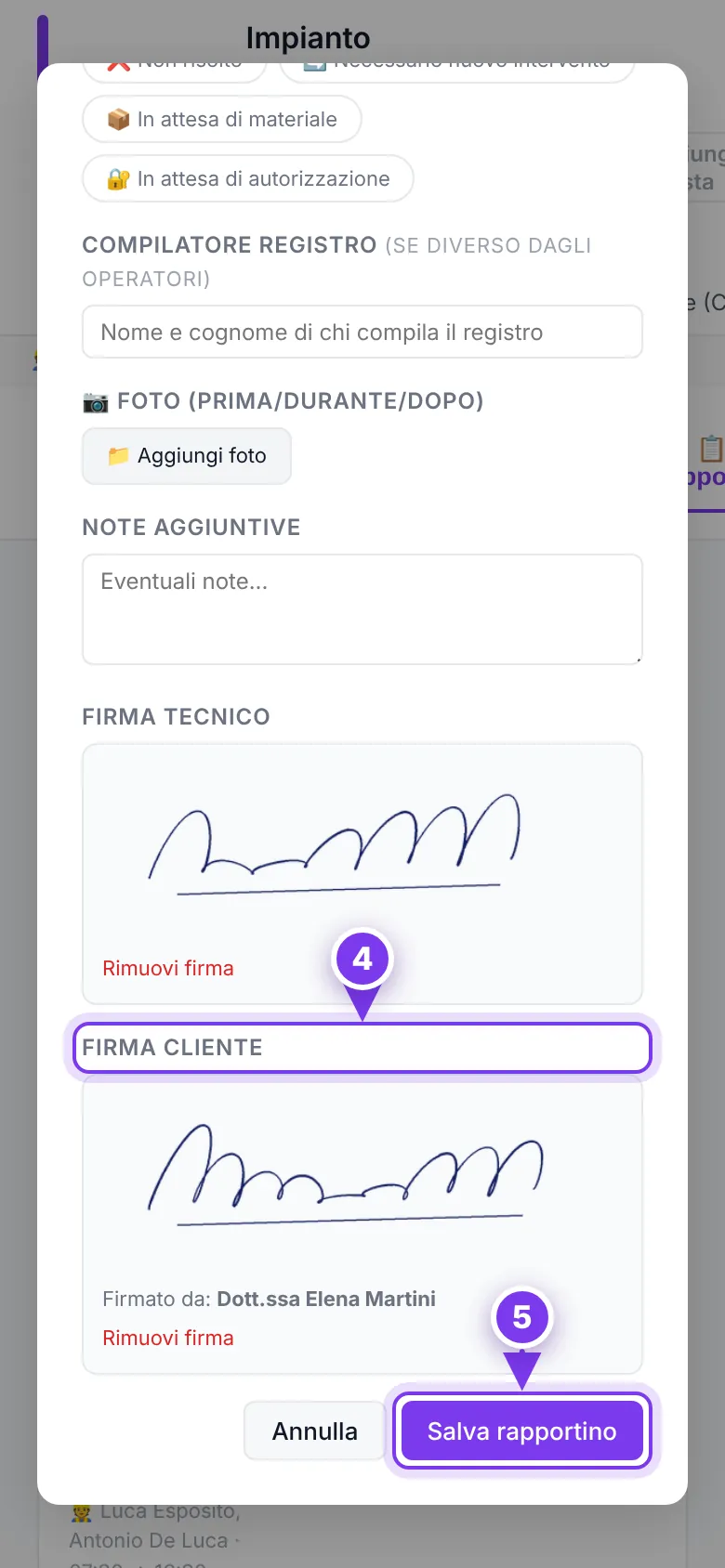 In fondo al rapportino: (4) la firma del cliente, (5) il salvataggio.