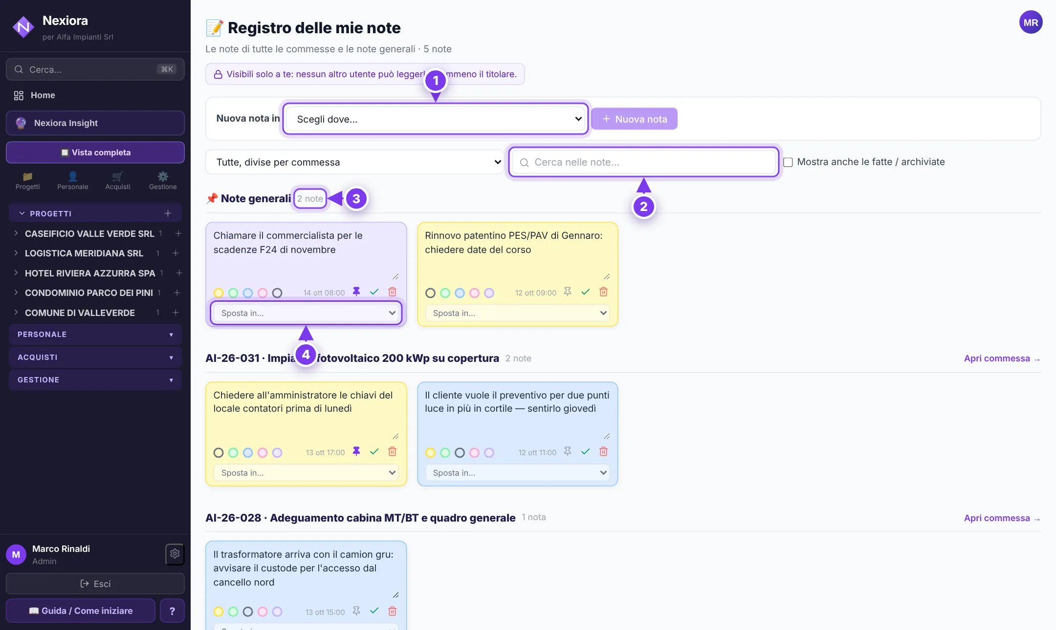 Il Registro delle mie note: (1) dove scrivere la nuova nota, (2) ricerca e filtri, (3) le note generali, (4) Sposta in…