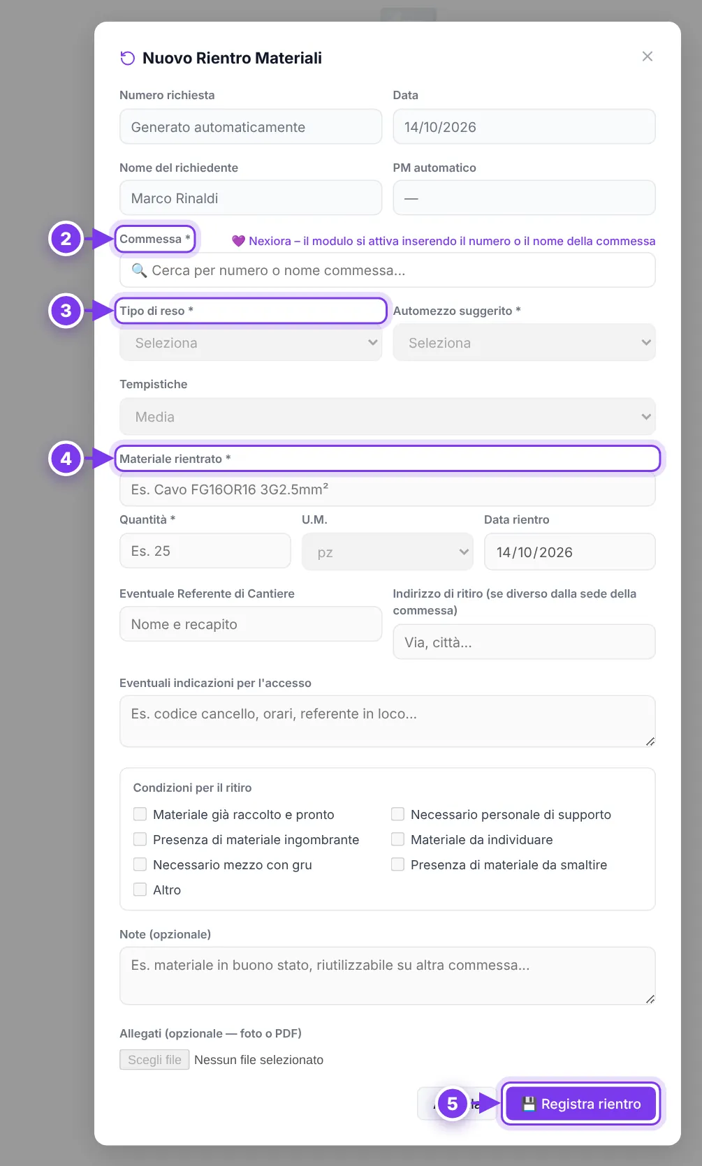 Il nuovo rientro: (2) commessa, (3) tipo di reso, (4) materiale, (5) registrazione.