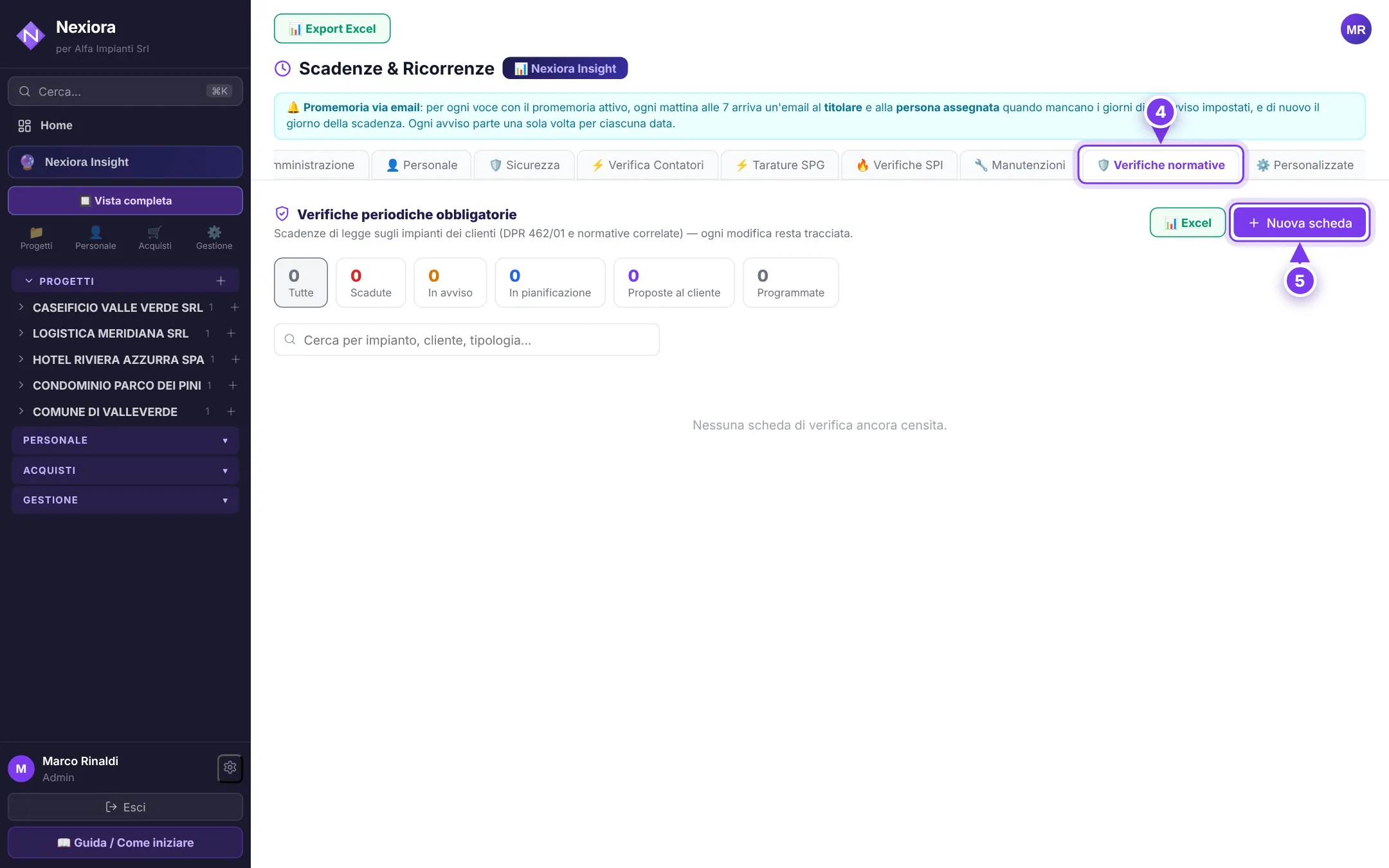 Lo Scadenzario: (4) la scheda Verifiche normative, (5) una nuova scheda di verifica.