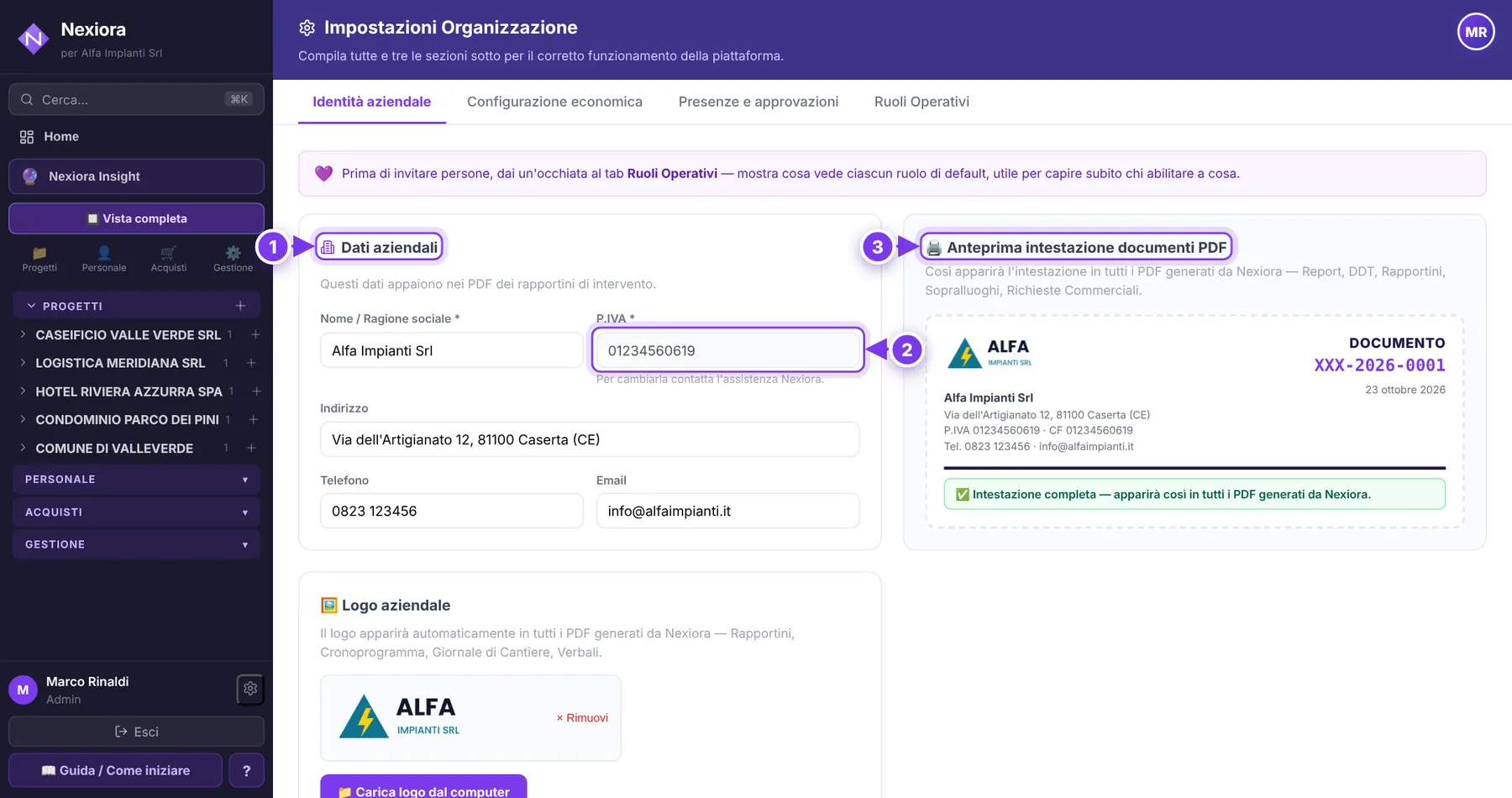 Dati aziendali e logo — schermata di Nexiora con dati di esempio