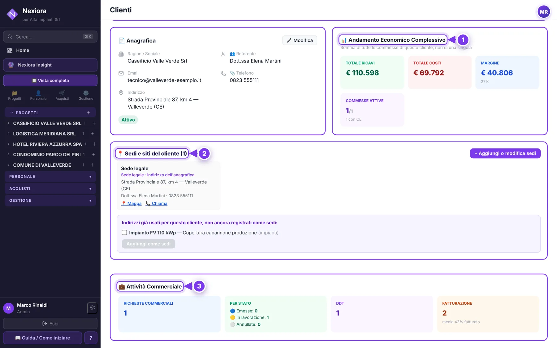Il cliente — schermata di Nexiora con dati di esempio