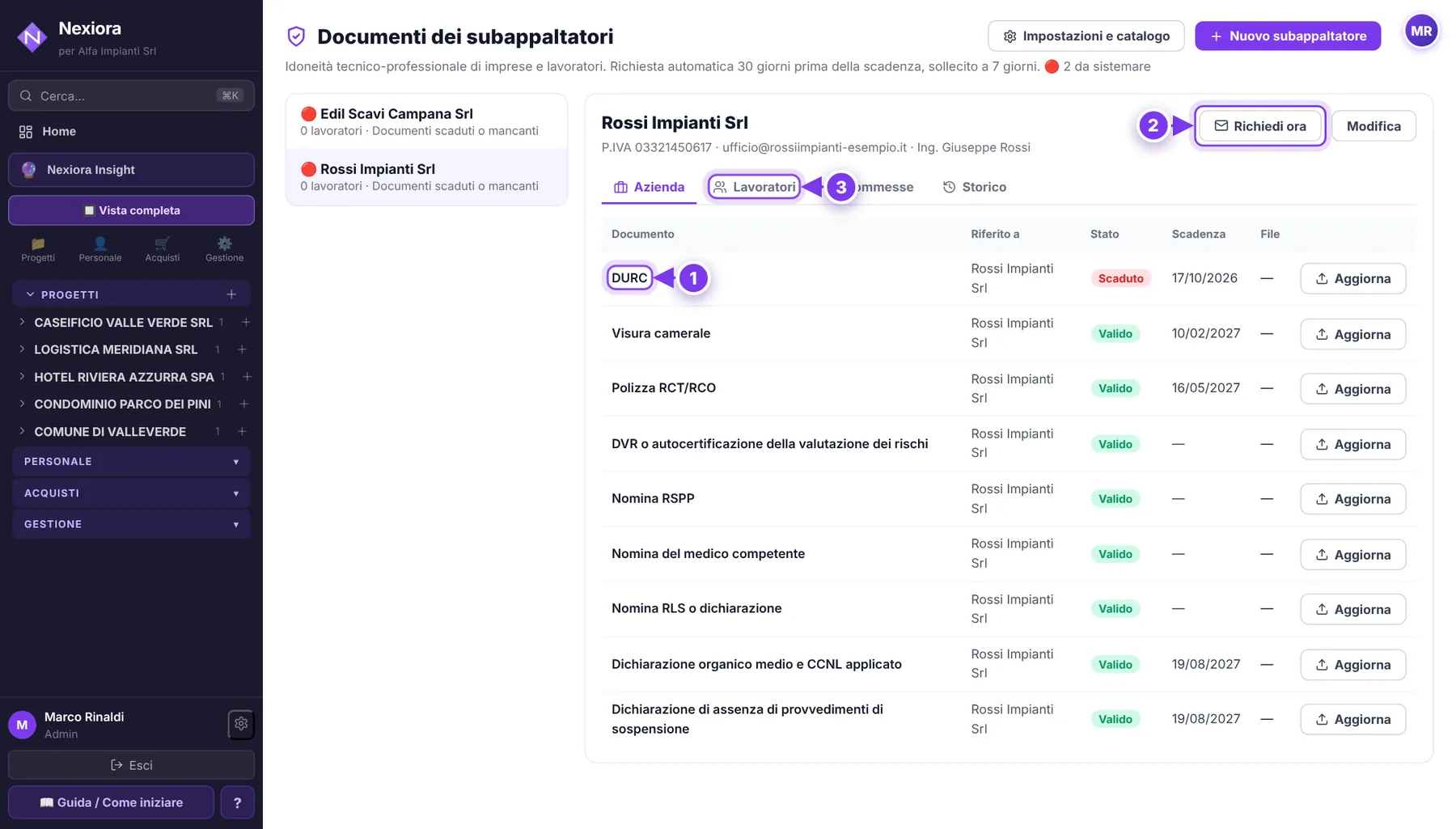 Documenti dei subappaltatori — schermata di Nexiora con dati di esempio