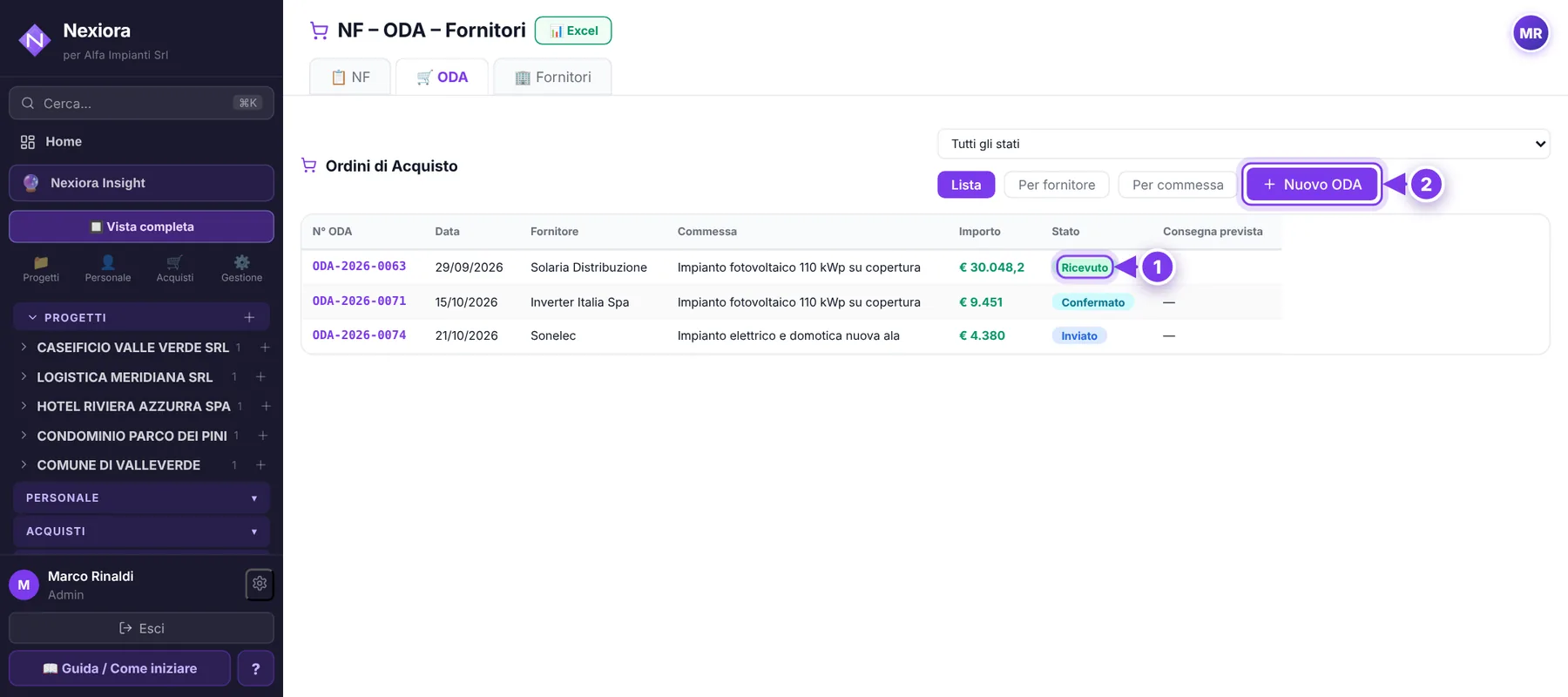 Materiali acquistati — schermata di Nexiora con dati di esempio