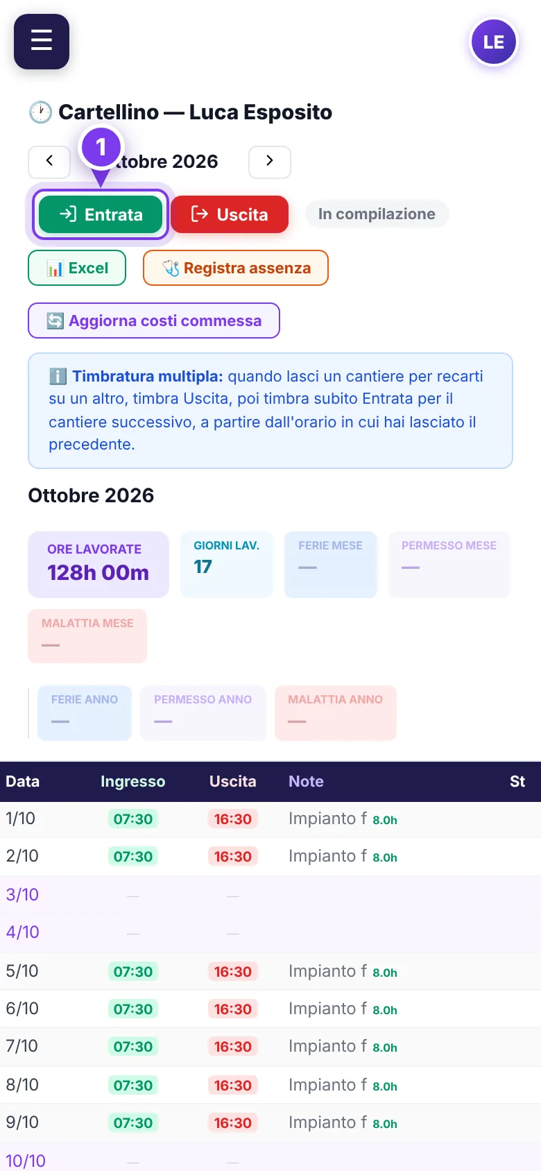 Il cartellino dal telefono — schermata di Nexiora con dati di esempio