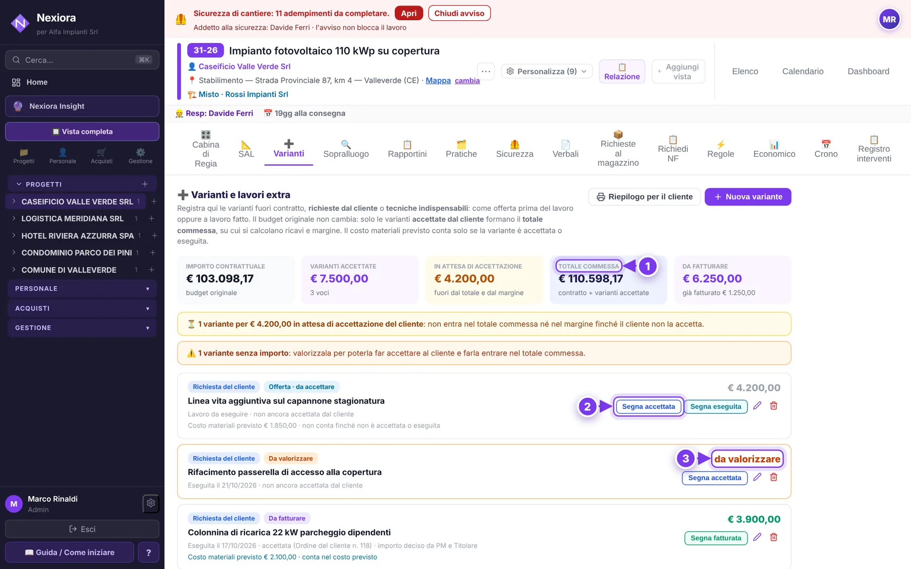 Varianti e lavori extra — schermata di Nexiora con dati di esempio
