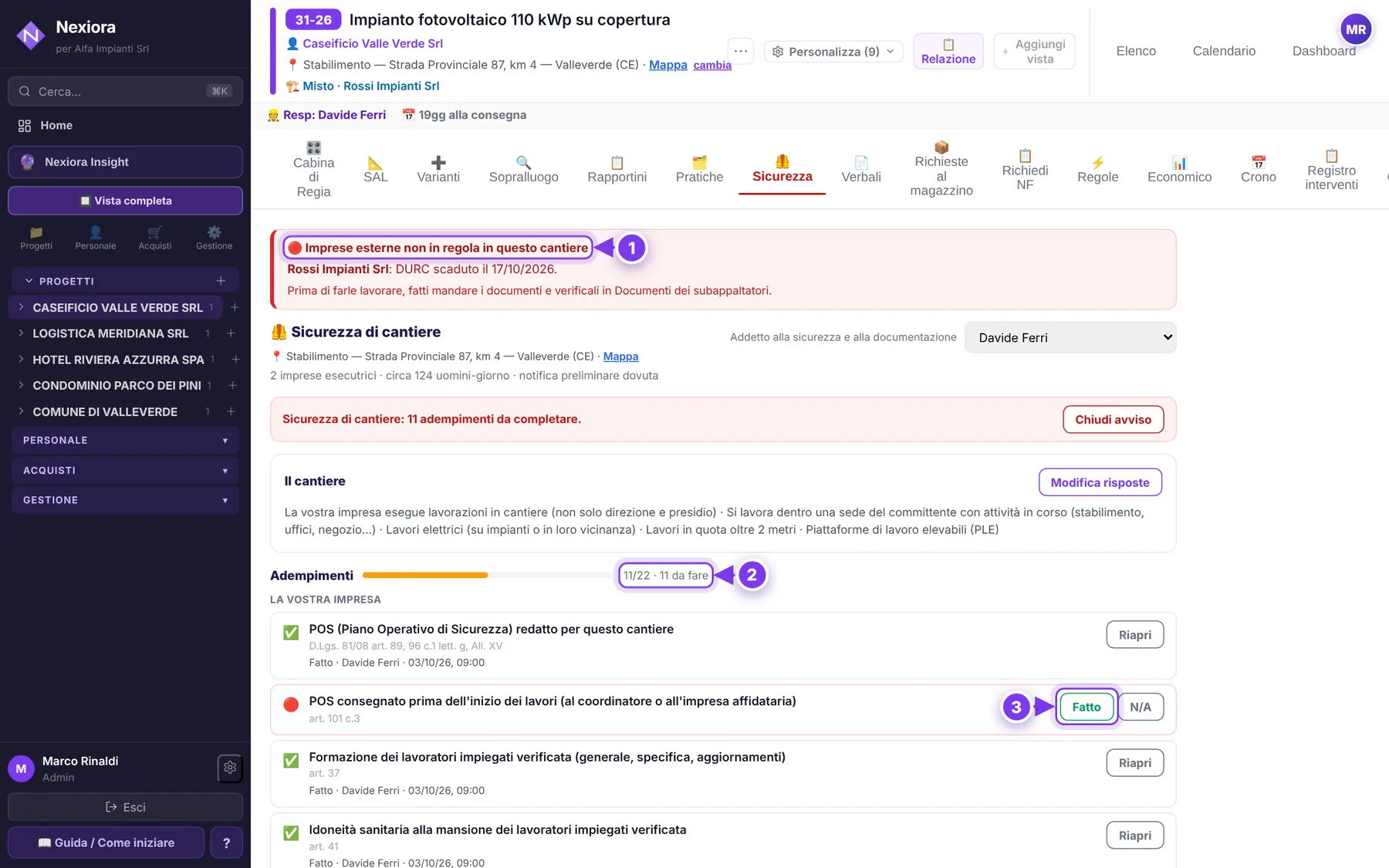 Sicurezza di cantiere — schermata di Nexiora con dati di esempio