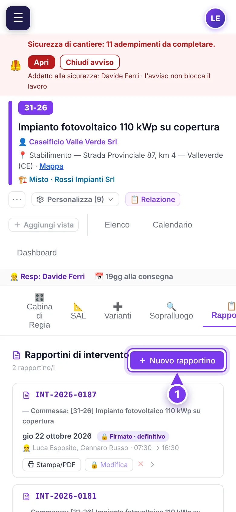 Il rapportino dal telefono — schermata di Nexiora con dati di esempio