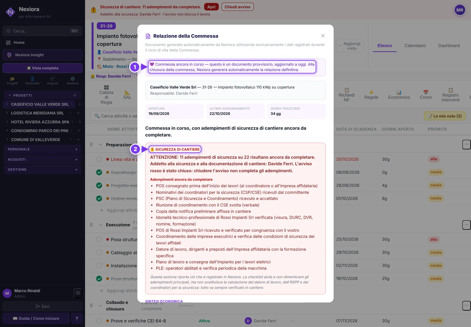 Relazione della commessa — schermata di Nexiora con dati di esempio