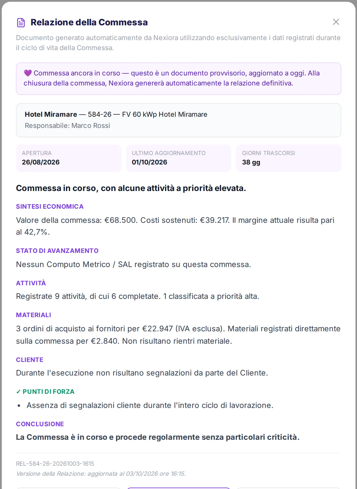 La relazione della commessa, in un clic