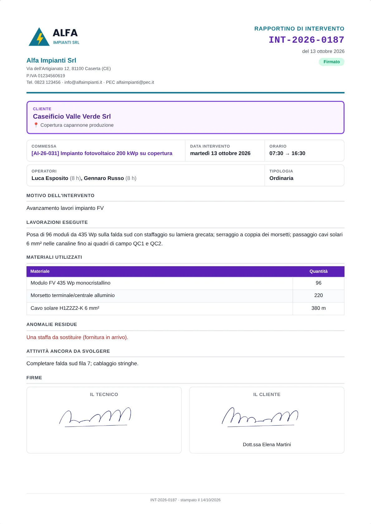 Rapportino con la firma del cliente — PDF — schermata di Nexiora con dati di esempio