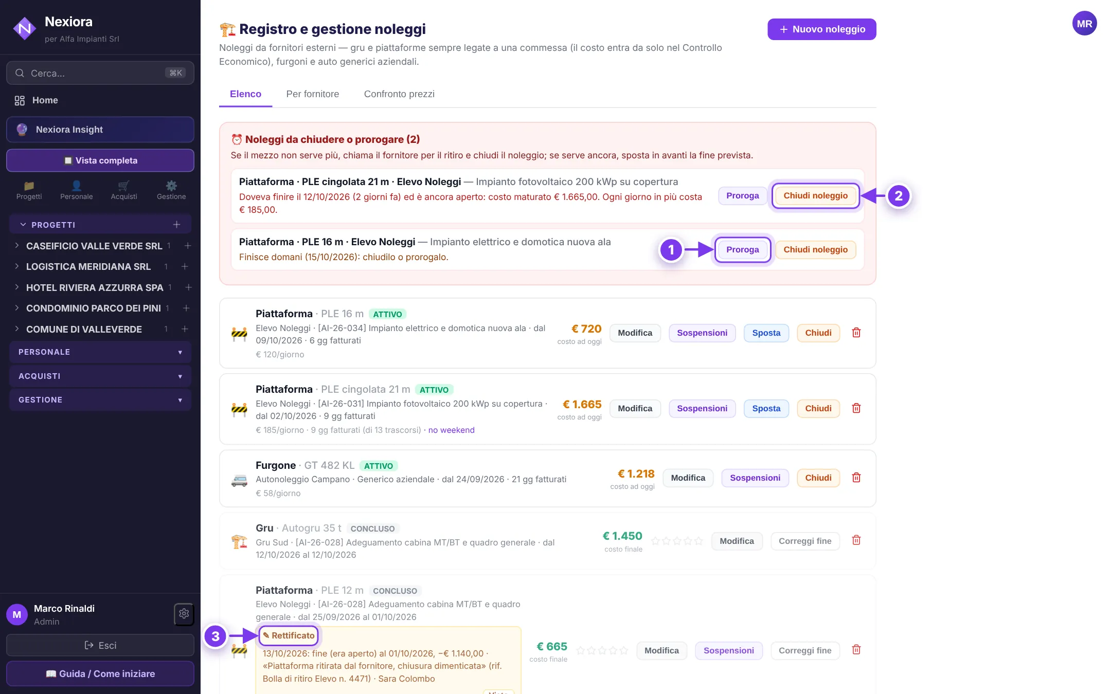 Noleggi — schermata di Nexiora con dati di esempio