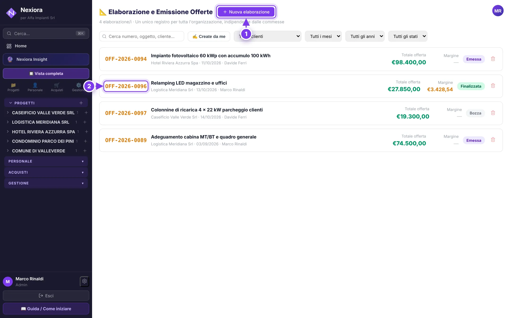 Offerte — schermata di Nexiora con dati di esempio
