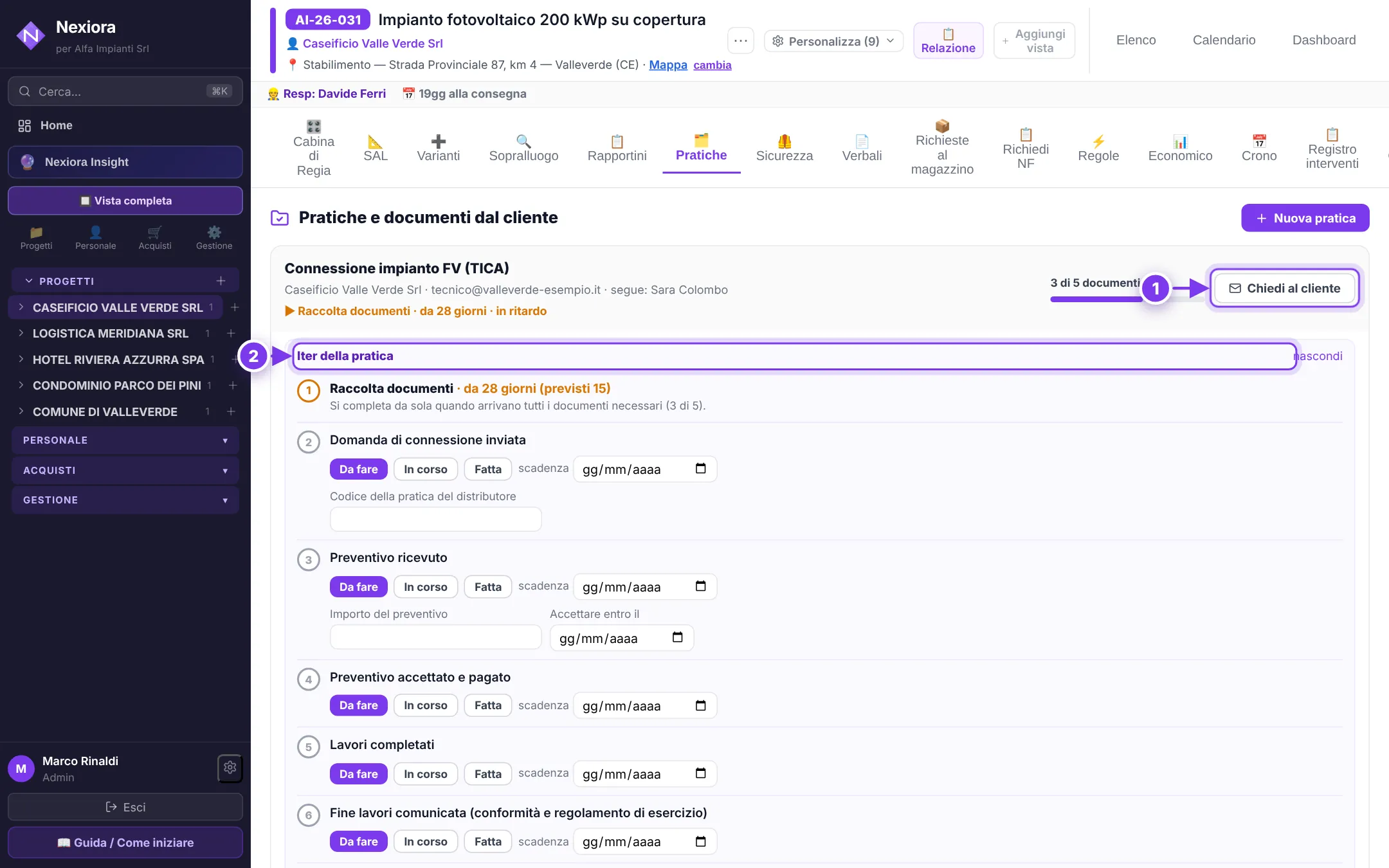 Pratiche e documenti dal cliente — schermata di Nexiora con dati di esempio