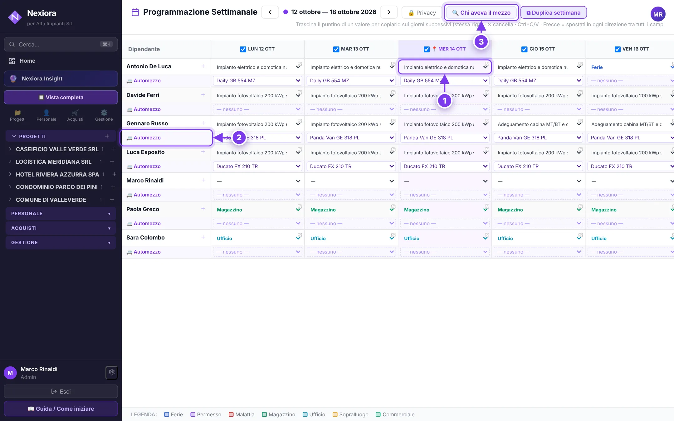 Programmazione settimanale — schermata di Nexiora con dati di esempio