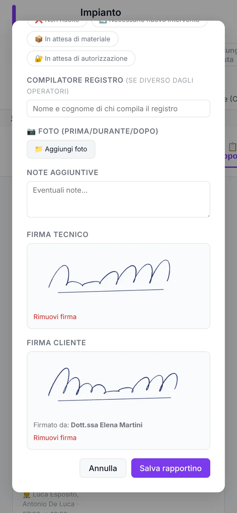 Rapportino con la firma del cliente — schermata di Nexiora con dati di esempio