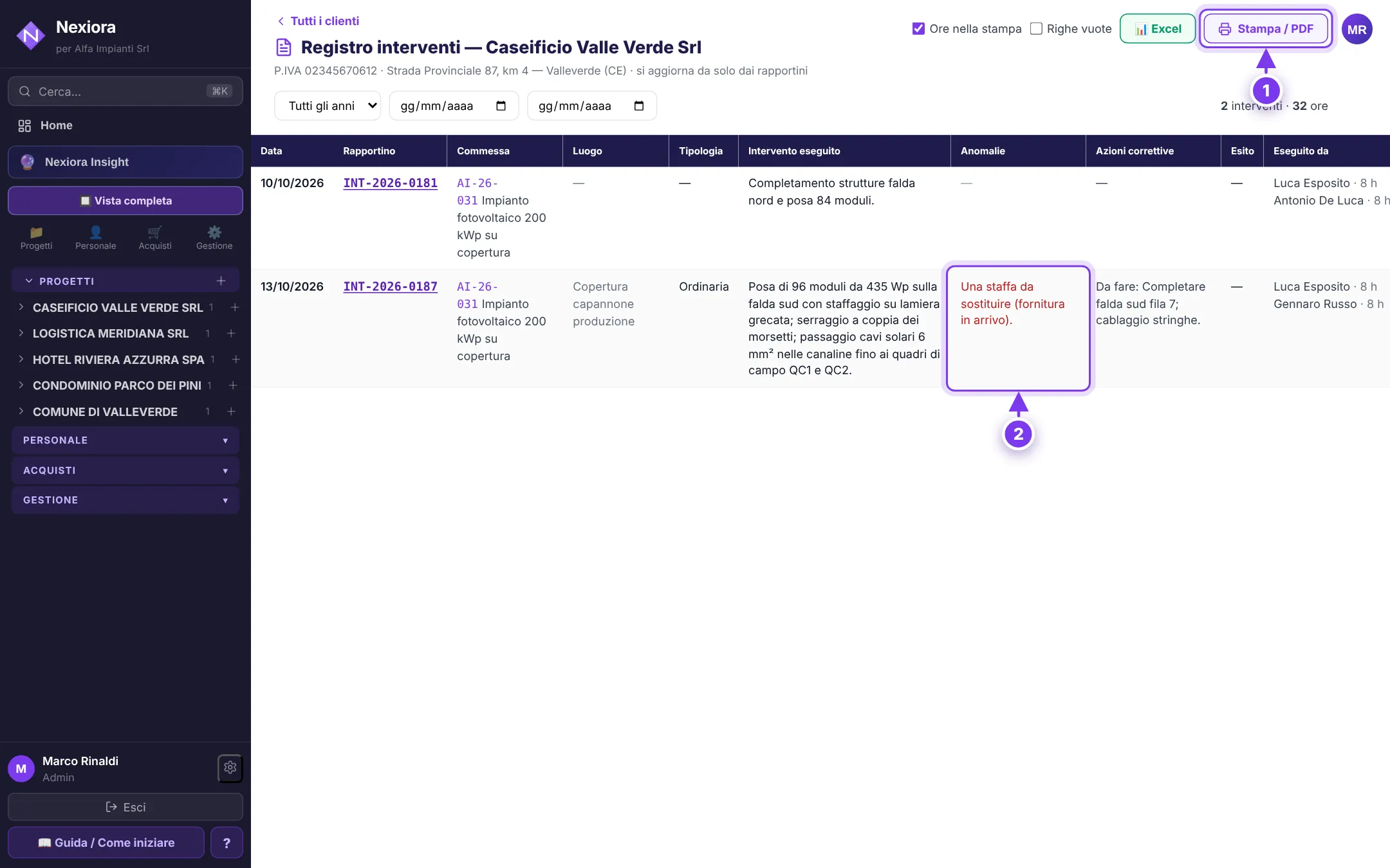 Registro interventi — schermata di Nexiora con dati di esempio