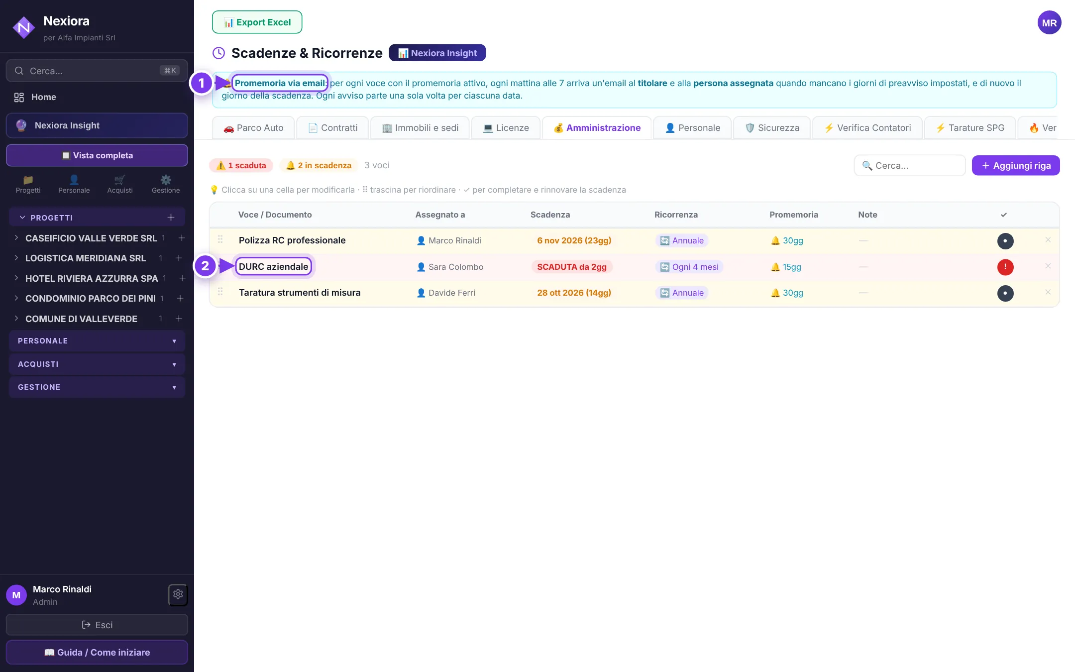Scadenzario — schermata di Nexiora con dati di esempio