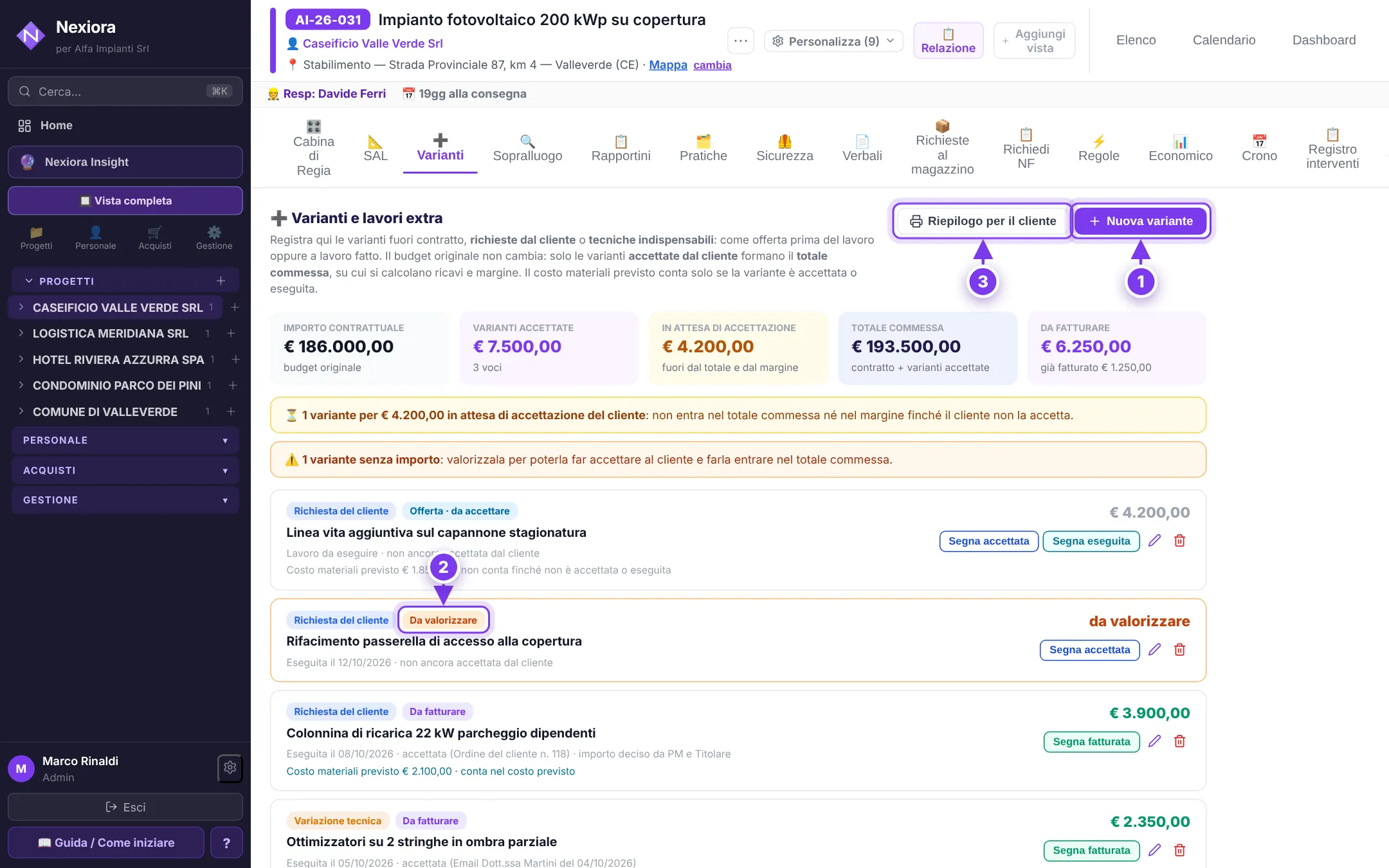 Varianti e lavori extra — schermata di Nexiora con dati di esempio